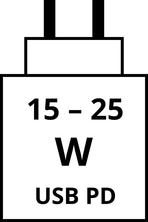 Power Delivery charger with power output range from 15 watts to 25 watts.