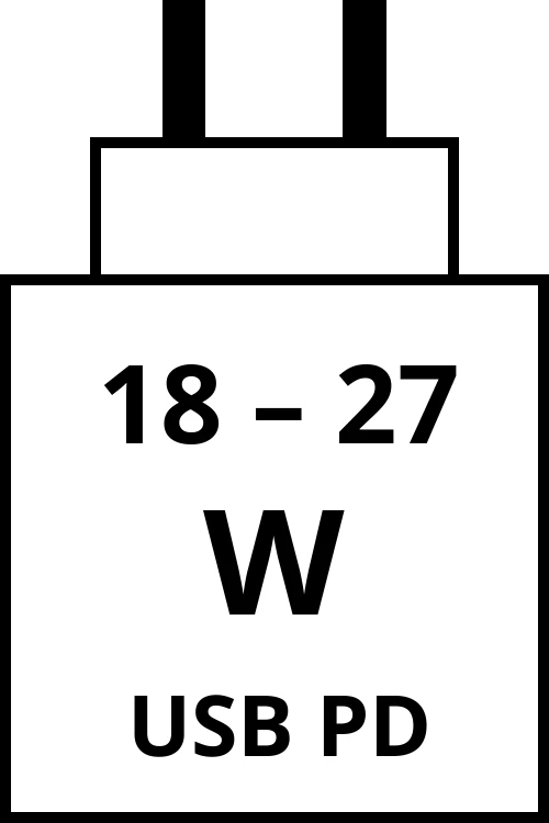 Power Delivery charger with power output range from 18 watts to 27 watts.