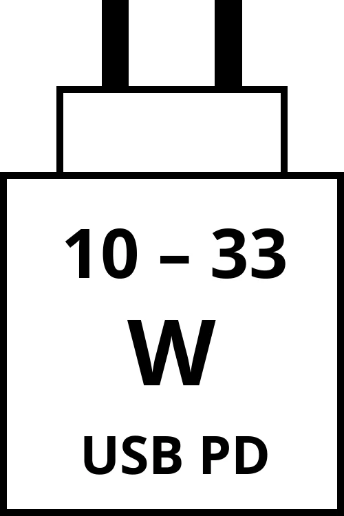 Power Delivery charger with power output range from 10 watts to 33 watts.