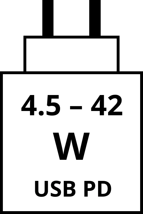 Power Delivery charger with power output range from 4.5 watts to 42 watts.