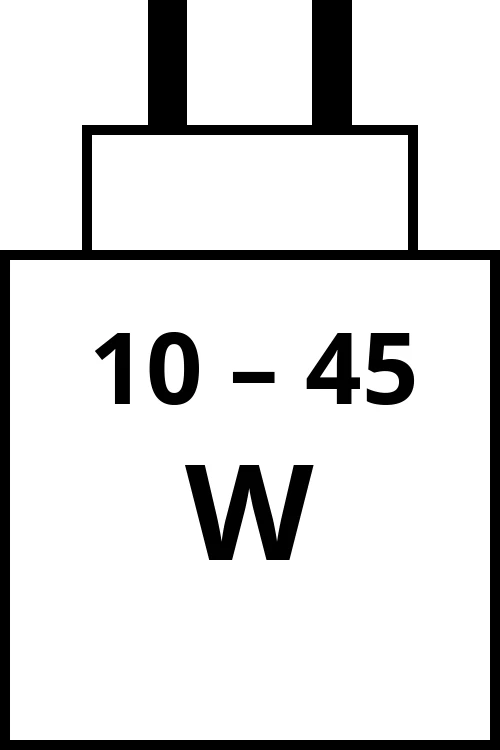 charger with power output range from 10 watts to 45 watts.