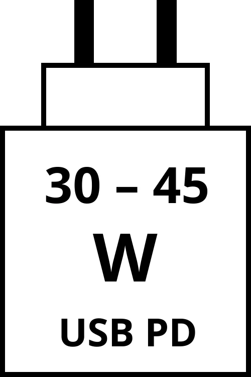 Power Delivery charger with power output range from 30 watts to 45 watts.