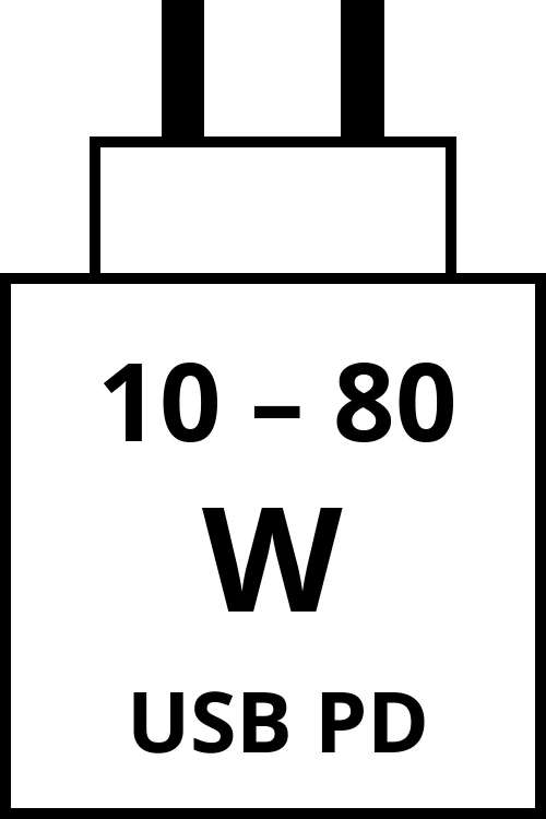 Power Delivery charger with power output range from 10 watts to 80 watts.