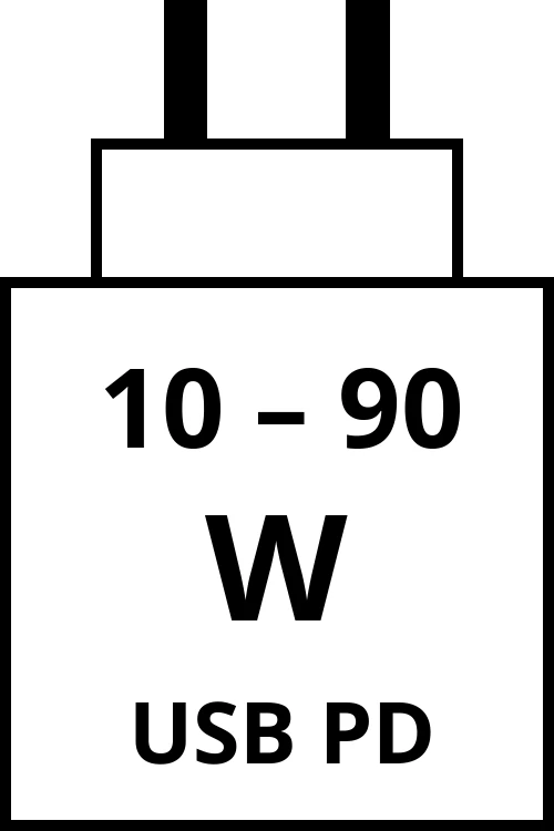 Power Delivery charger with power output range from 10 watts to 90 watts.