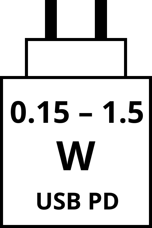 Power Delivery charger with power output range from 0.15 watts to 1.5 watts.