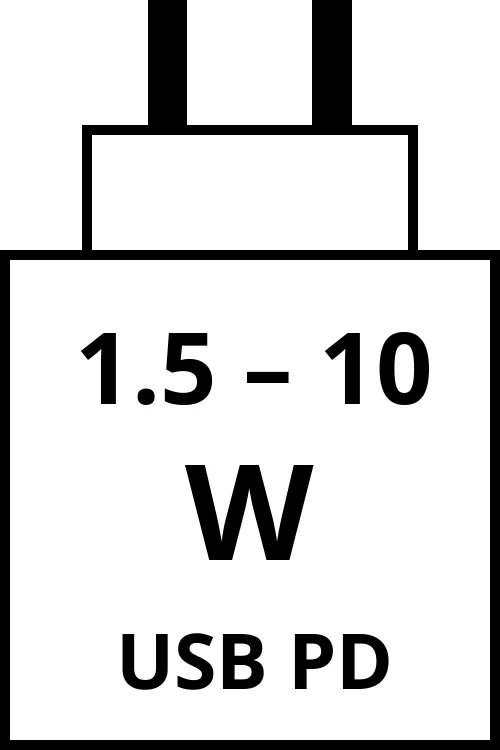 Power Delivery charger with power output range from 1.5 watts to 10 watts.