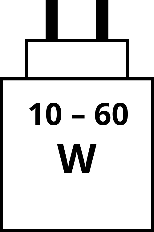 charger with power output range from 10 watts to 60 watts.