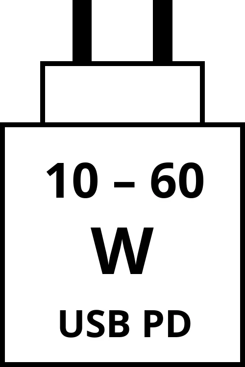 Power Delivery charger with power output range from 10 watts to 60 watts.