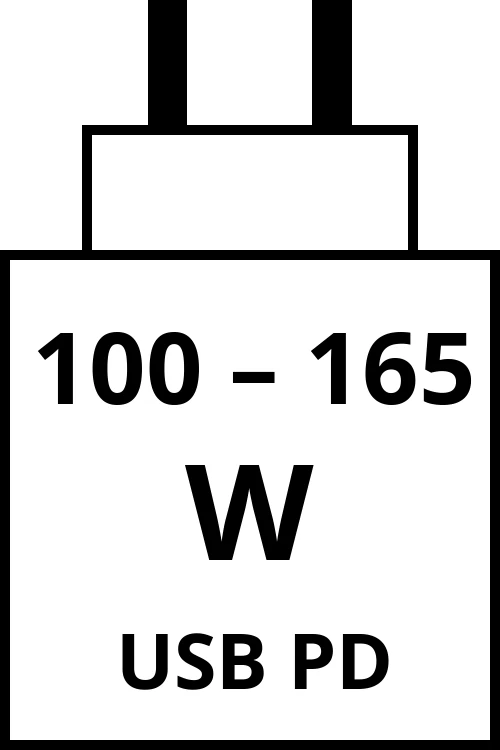 Power Delivery charger with power output range from 100 watts to 165 watts.
