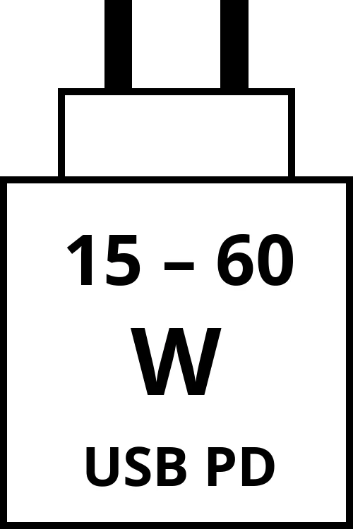 Power Delivery charger with power output range from 15 watts to 60 watts.