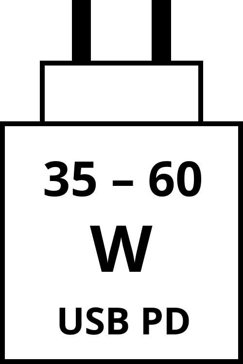 Power Delivery charger with power output range from 35 watts to 60 watts.