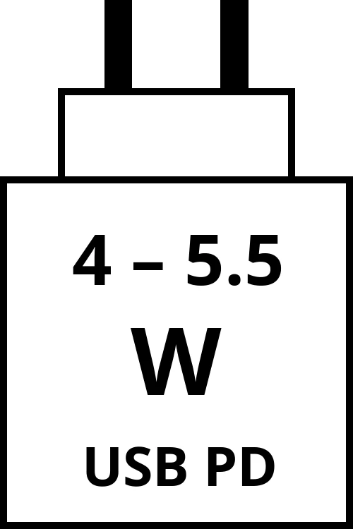 Power Delivery charger with power output range from 4 watts to 5.5 watts.