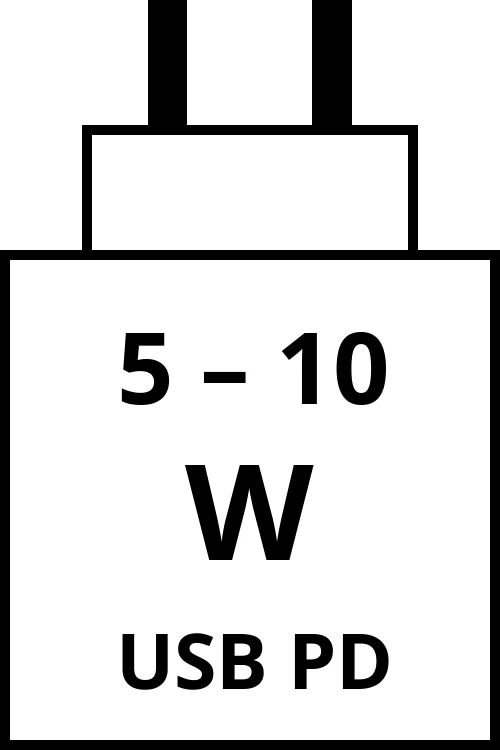 Power Delivery charger with power output range from 5 watts to 10 watts.