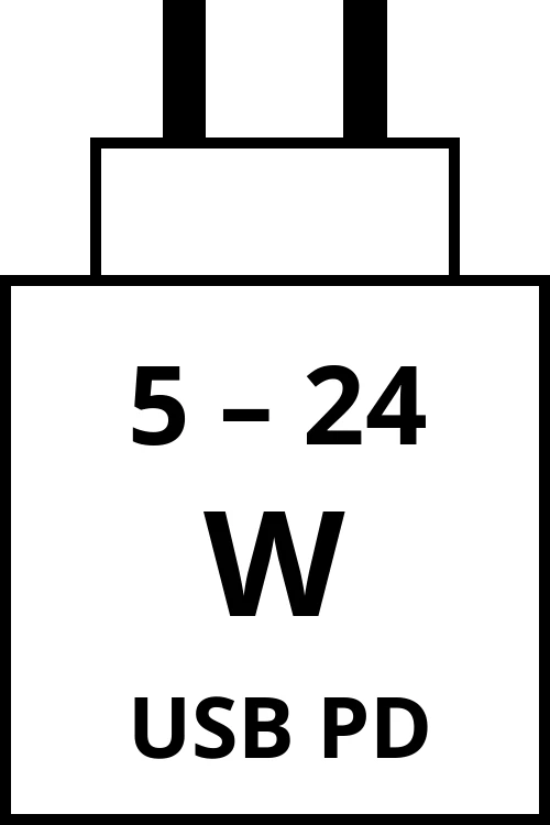 Power Delivery charger with power output range from 5 watts to 24 watts.